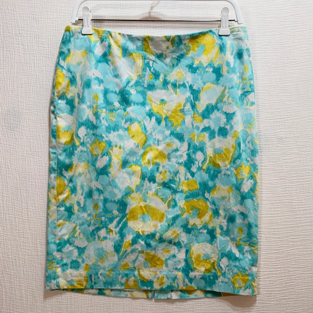 Talbots Pencil‎ Skirt Womens 10 Teal Yellow Watercolor Floral Cotton Stretch